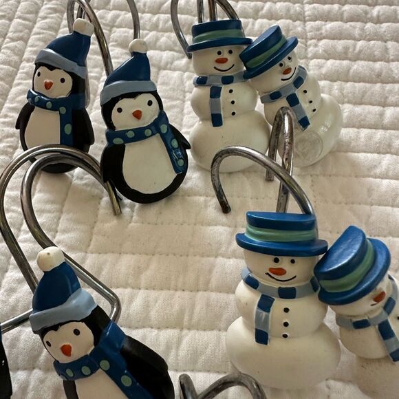 Holiday Shower Curtain Hooks Penguins Snowmen Set of 12 - Picture 4 of 8